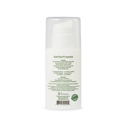 A white pump bottle of NATPRO CREAM shown from the back, featuring green text and a green circular seal on a clean white background.