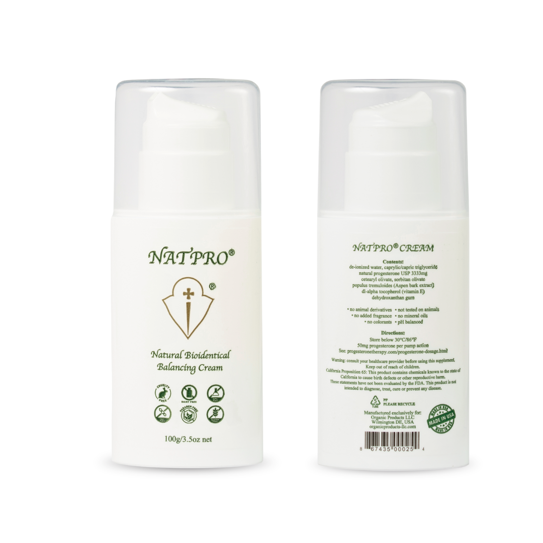 Two white pump bottles of NATPRO Natural Organic Cream, one showing the front label and the other showing the back with usage instructions, on a plain white background.